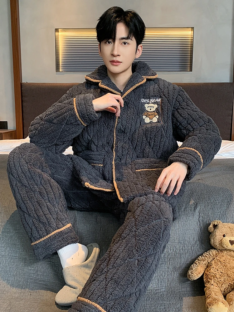 Пижамы мужские зимние новые утолщенные трехслойные стеганые теплые коралловые