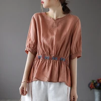 balonimo women summer t shirt cotton linen blouse female 2022 vintage thin vintage embroidered drawstring waist tops tee
