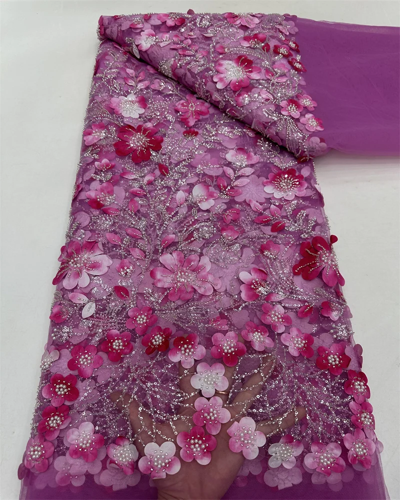 Французская кружевная ткань с 3D цветами и блестками 2024 Высококачественная