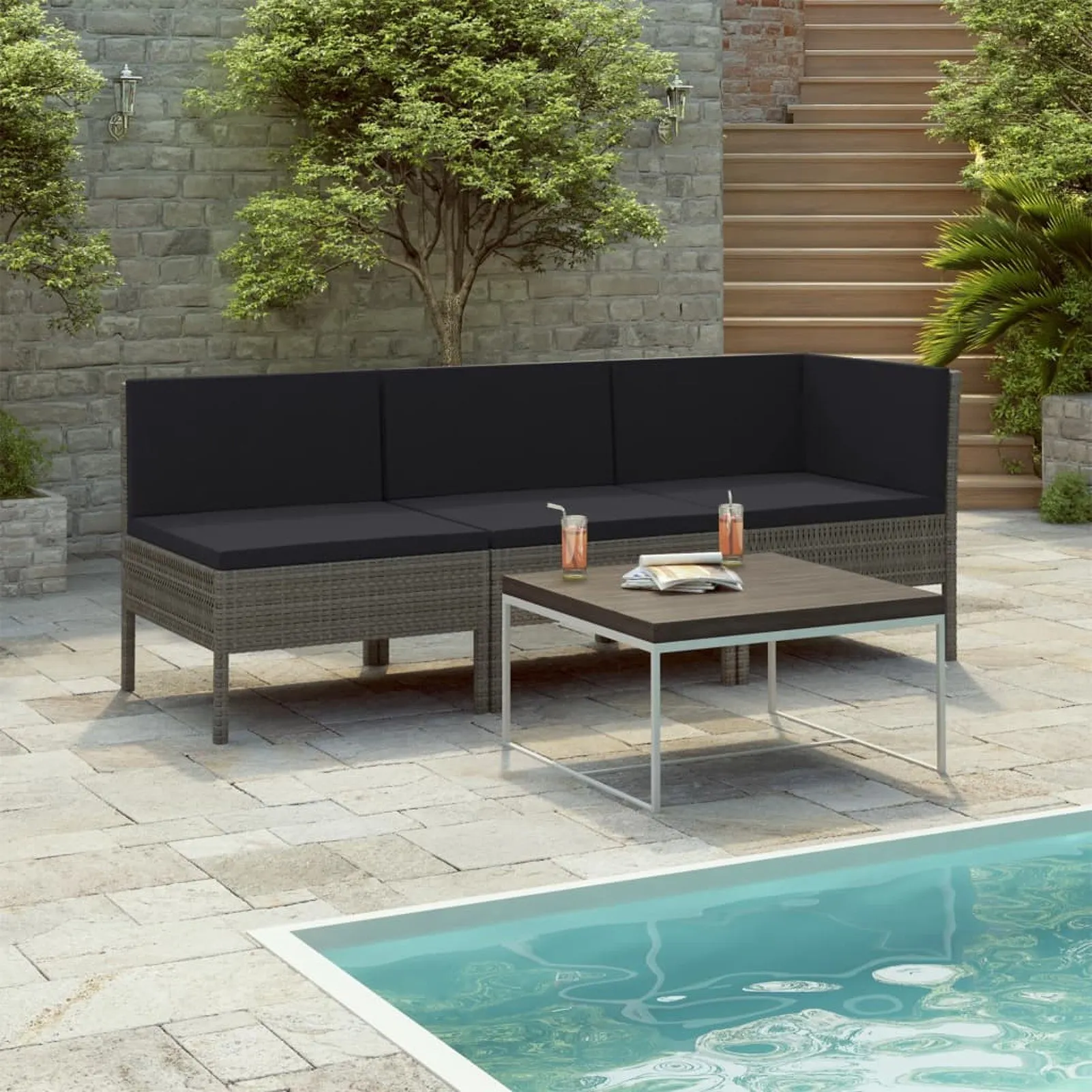

3 Piece Garden Lounge Set with Cushions Poly Rattan Gray