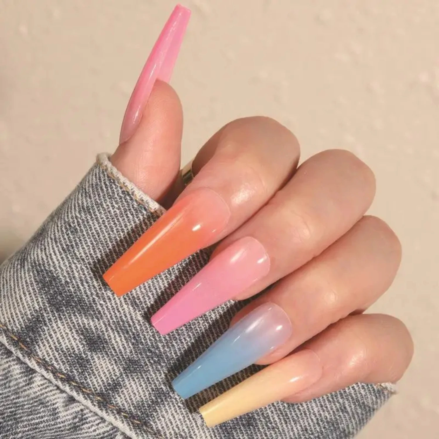 Fluorescent Gradient Long Length Press-On Manicure Gel Nail Kit - 24 Pcs Colourpop Fake Nails