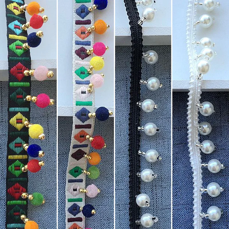 

5 Yard Ethnic Style Handmade Beaded Pearl Lace Tassel 8mm Pearl Fringe Pompom Trim Decor DIY Apparel Garment Sewing Accessories