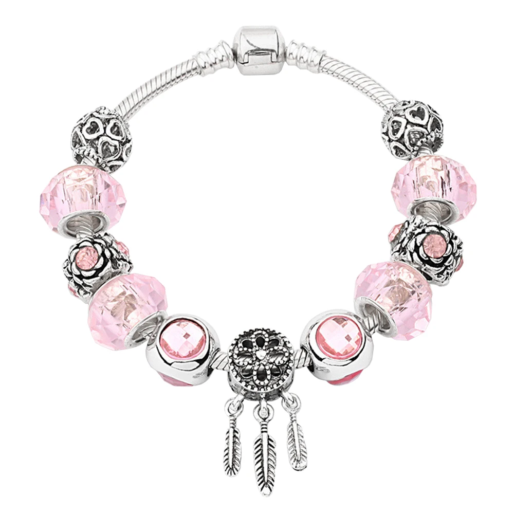 

New 100% S925 Pink -Colored Noodle Beaded Dream Net Set Snake Bone Bracelet Fit for Pandora Making Women Jewelry Gifts