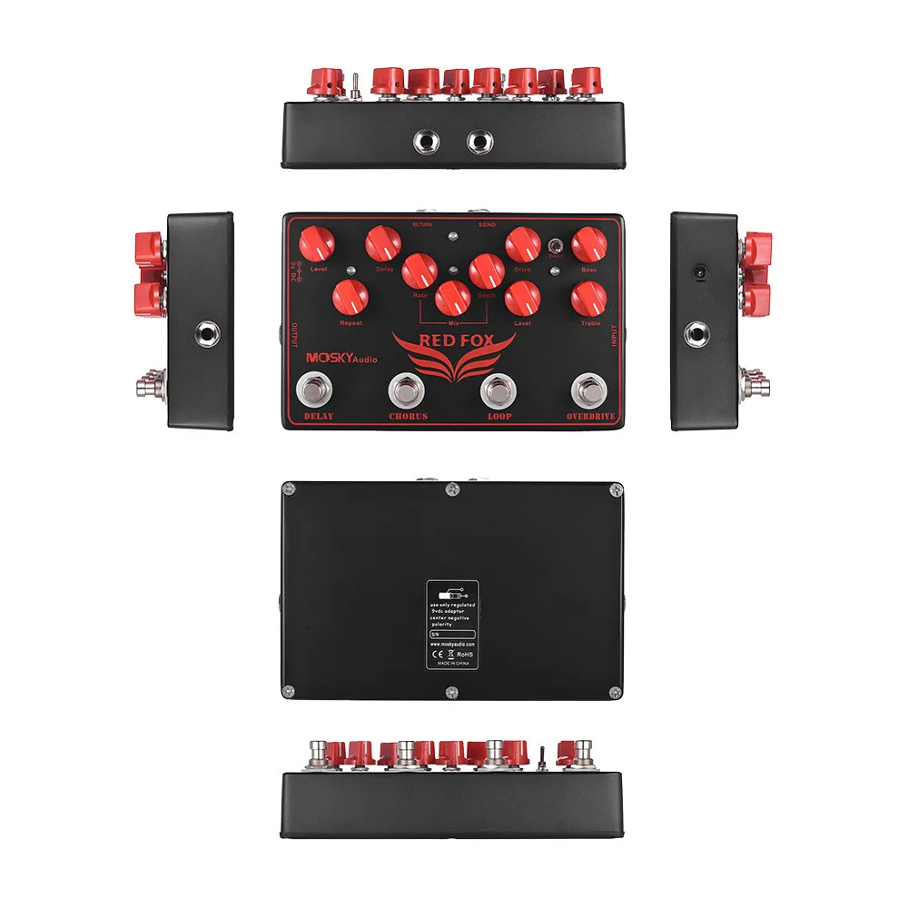 RED FOX Guitar Multi Effects Pedal Combines Overdrive ,LOOP, Chorus,Delay 4 Effects in 1 Metal Alloy Compact Housing True Bypass enlarge