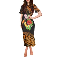 hibiscus print summer long dress women maxi dress samoa traditional tribal style print the new short sleeve clothing