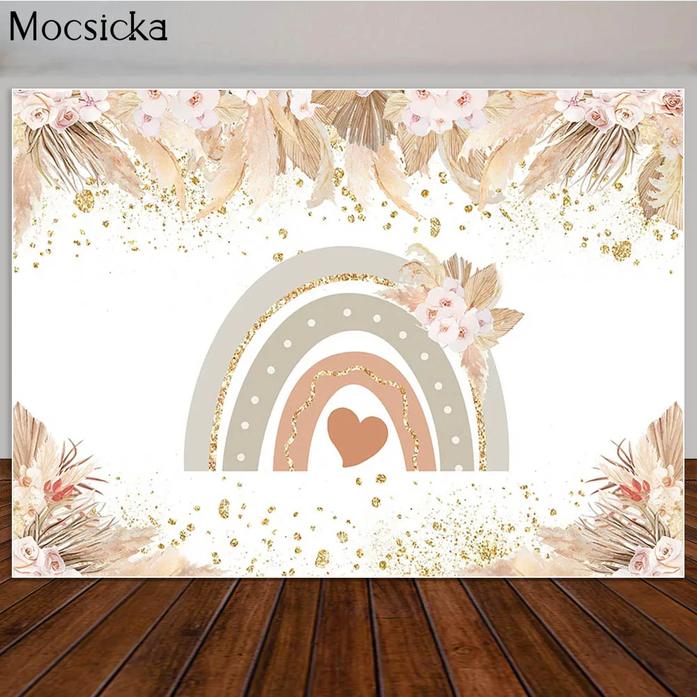 

Boho Rainbow Birthday Party Decoration Backdrop Rustic Bohemian Flowers Photo Background Baby Shower Cake Table Banner Props