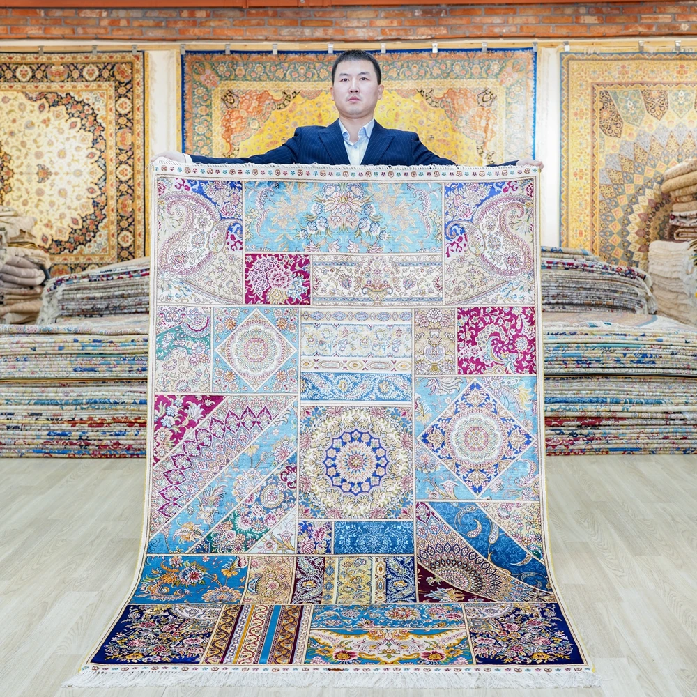 

Yilong 4'x6' Persian Silk Rug Patchwork Design Hand Knitted Silk Rug for Sale (ZQG366A)