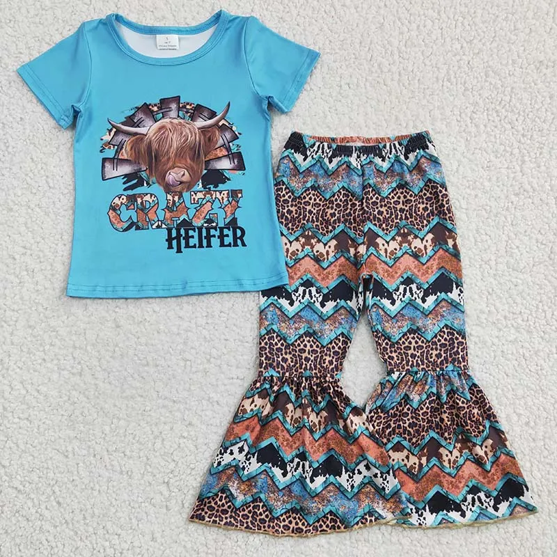 

Wholesale Toddler Western Crazy Heifer Outfit Blue Short Sleeves Cow Shirt Baby Girl Leopard Bell Bottom Pants Children Kid Set