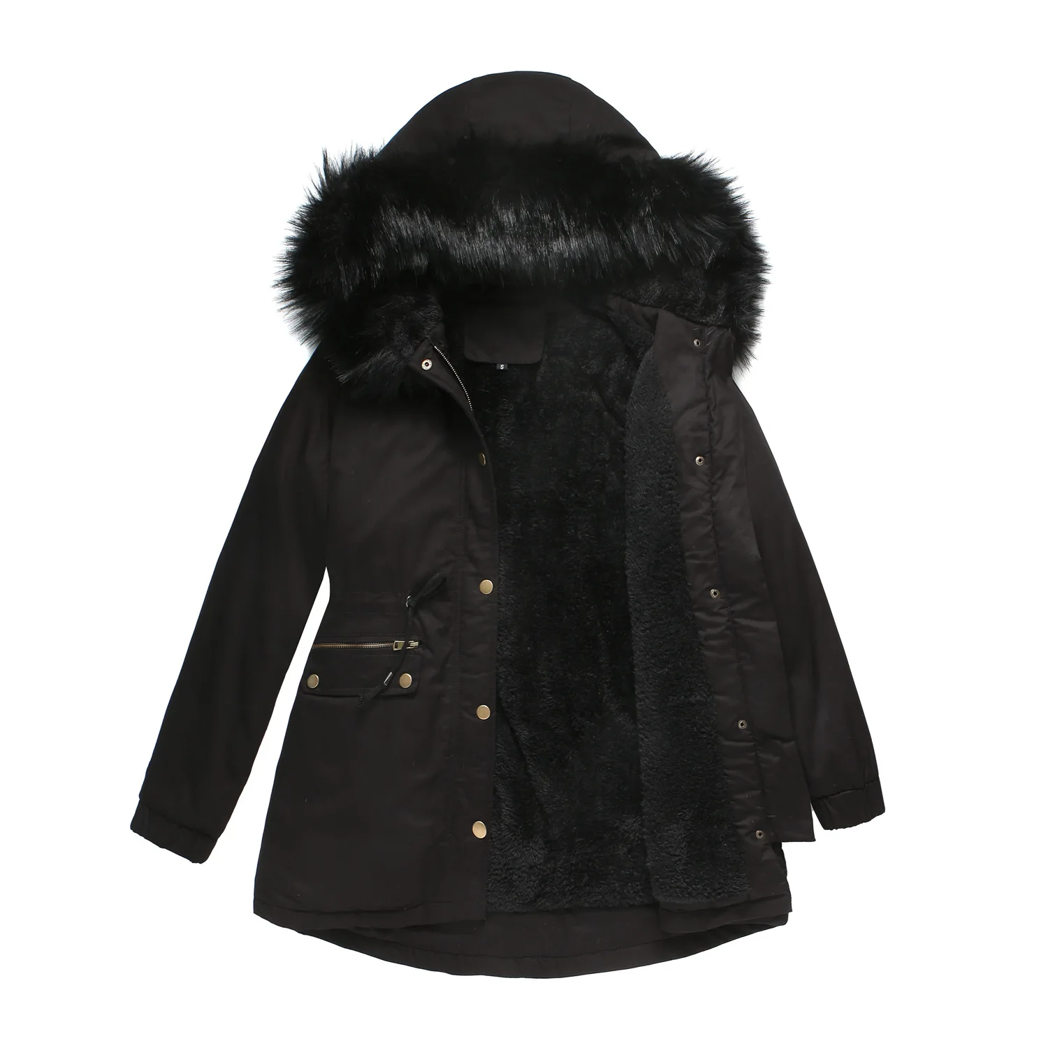 Winter Puffer Coats for Women Warm Hooded Outerwear Solid Thick Padded Jacket Fleece Lined Parka with Fur Trim