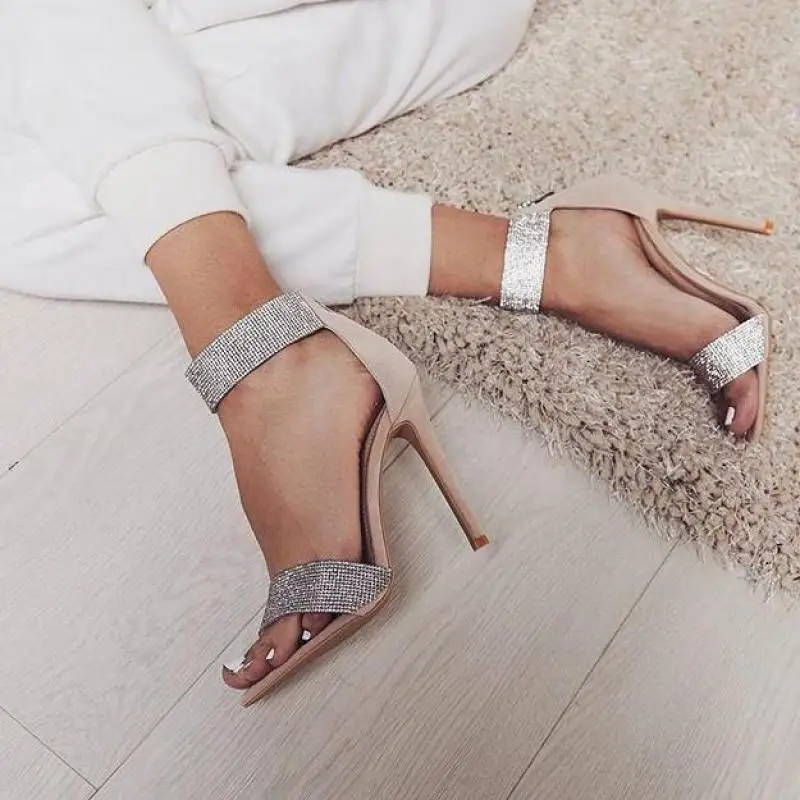 Shiny Apricot Black Diamond Crystal High Heel Sandals for Women 2022 New Summer Sexy Club High Heels Sandals for Women Plus Size