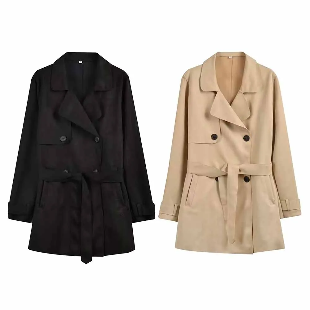 

Женская замшевая куртка с поясом, двубортная ветровка с текстурным эффектом, Осень-зима 2022