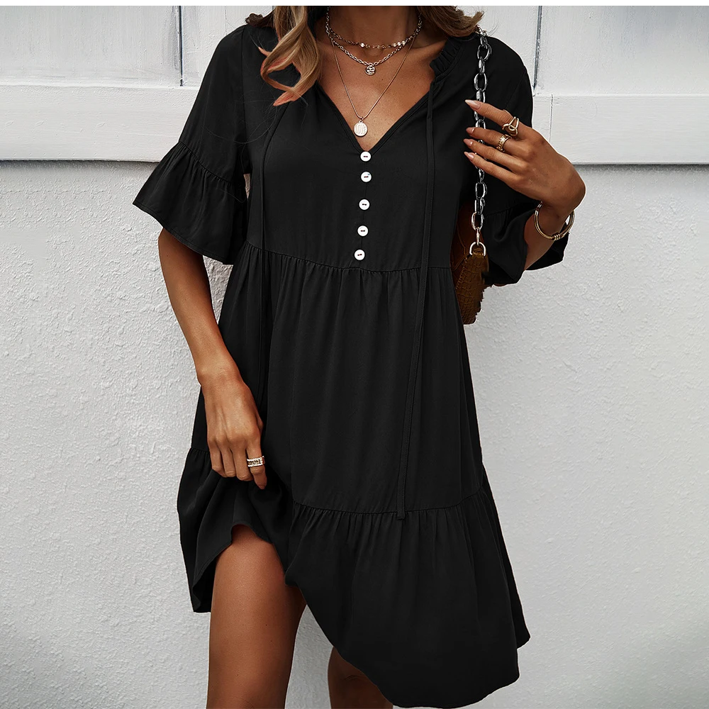 

Sexy Mini Dress Woman Black Fashion Casual Summer V-neck Short Sleeve Loose Elegant Beach Party Dress for Women Robe Femme 2023