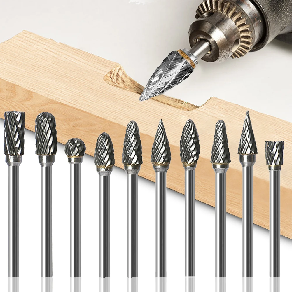 

10 Pcs Rotary Cutter Files Duble-grained Tungsten Carbide Burr Bit Boxed Tungsten Seel Grinding Heads Rotary Files for Engraving