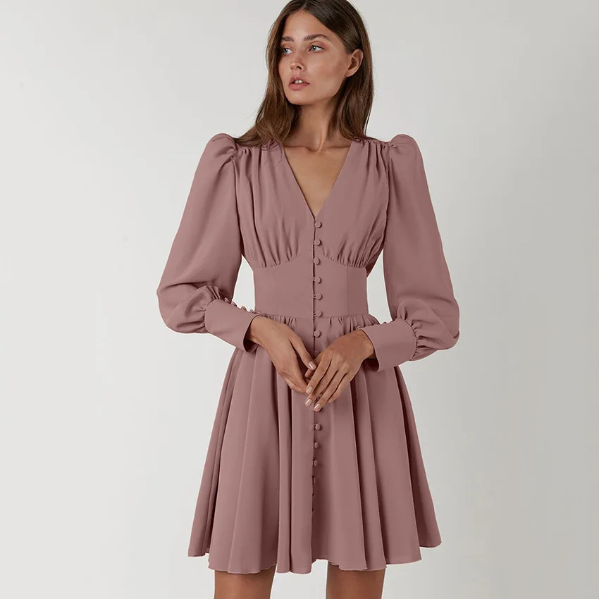 

2023 Spring Autumn Elegant Puff Sleeve Dress Evening V-Neck A-Line Party Dresses Single Breasted High Waist Midi Gown Pleated