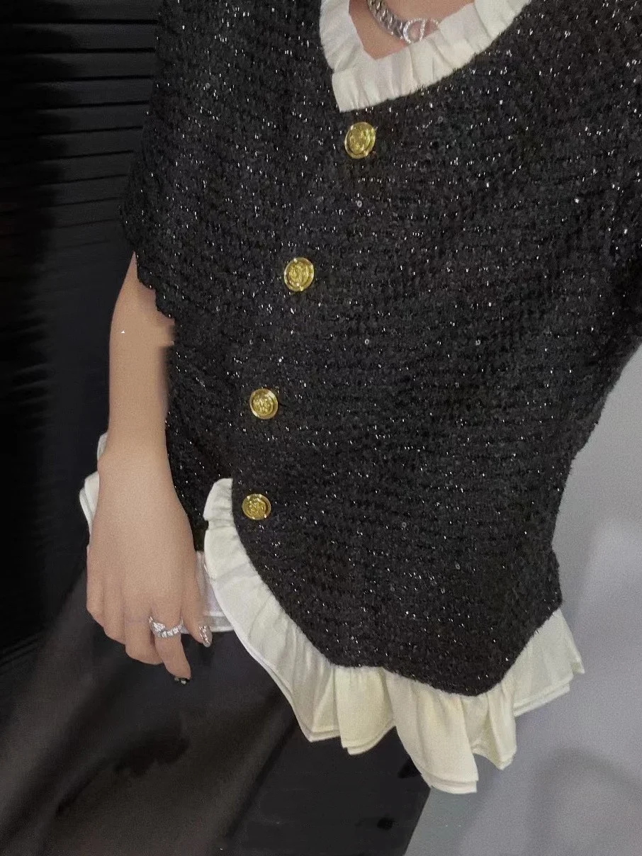 

2023 spring and summer women's clothing fashion new Ruffled Short Sleeves Sequined Top 0511