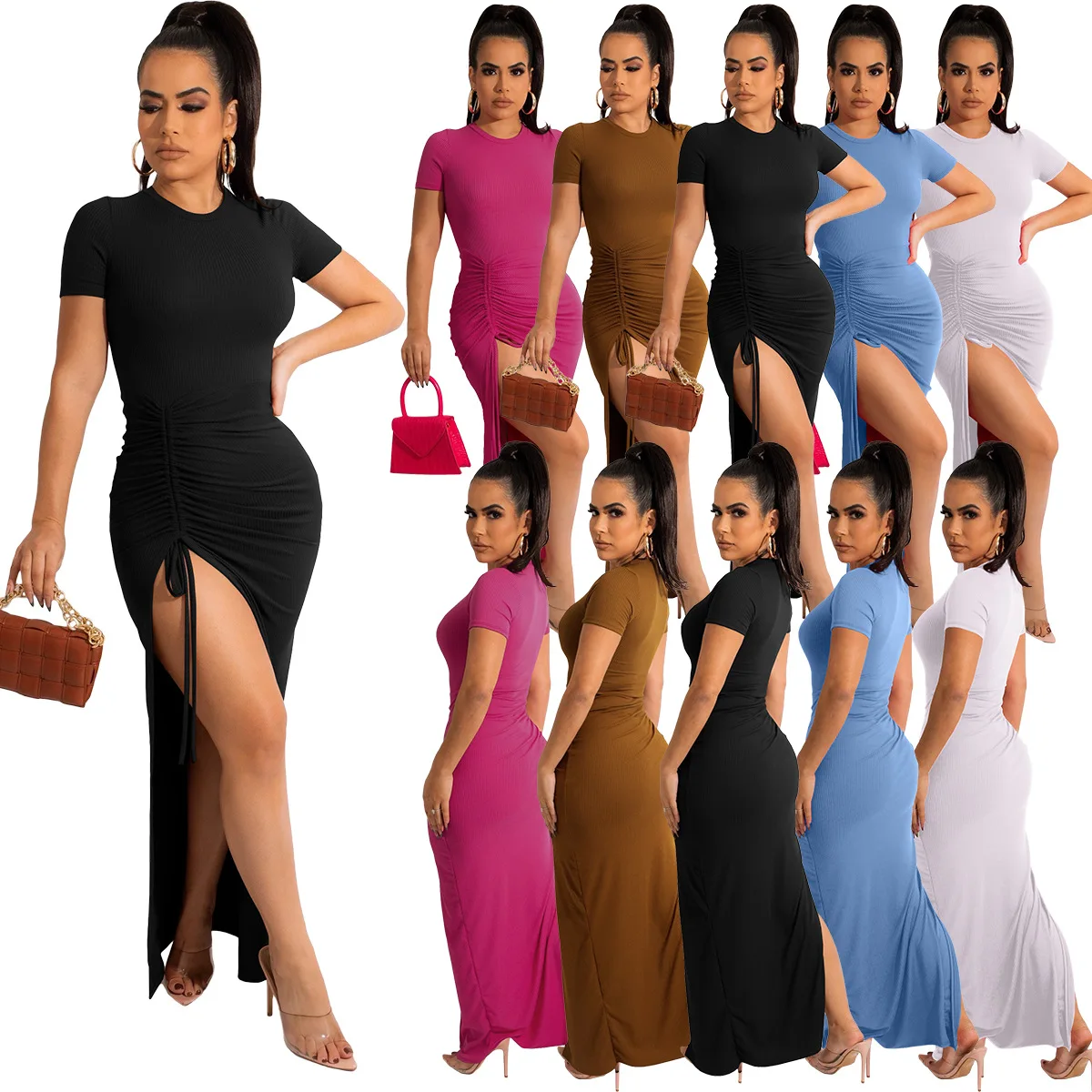 

Sexy Shirring O Neck Summer Short Sleeve Elegant Robe Women Dress Women Knitted Dresses Spring Drawstring Striped Fabric