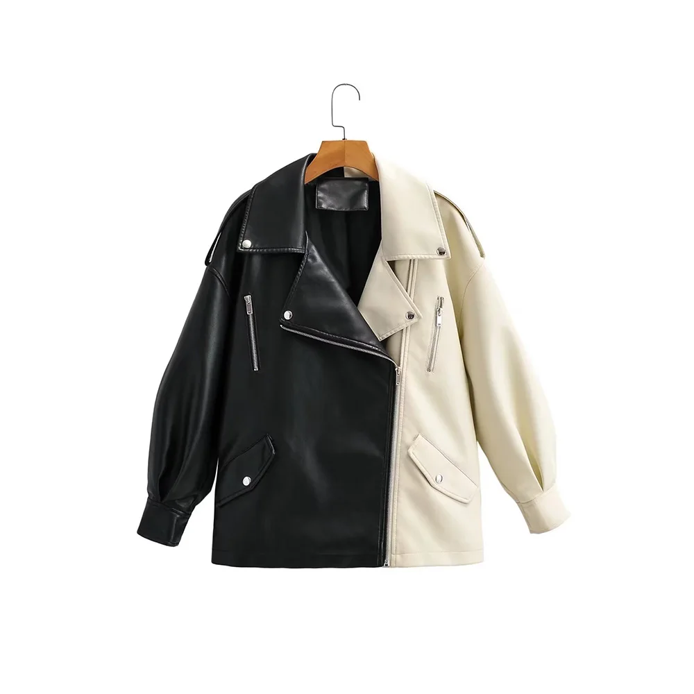 

Women 2022 New Fashion Color Blocking Imitation Leathe Jacket Coat Vintage Long Sleeve Female Outerwear Chic Overshirt