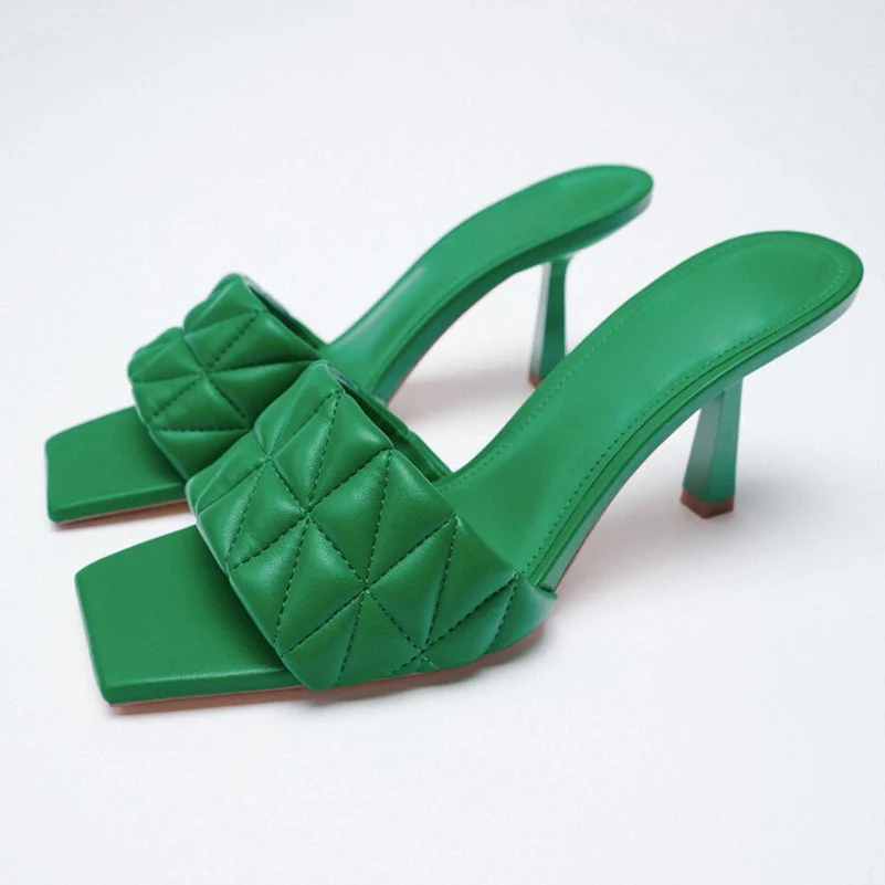 

ZA Summer Fashion Women Fetish 7.5cm High Heels Slippers Green Office Slides Mules Prom Party Stiletto Luxury Brand Design Shoes