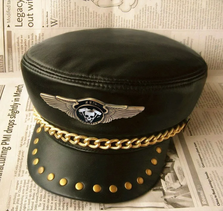 

Genuine Sheepskin Military Hats For Men Women Punk Rock Flat Cap Metal Chain Rivet Skull Badge Motorcycle Leather Hat