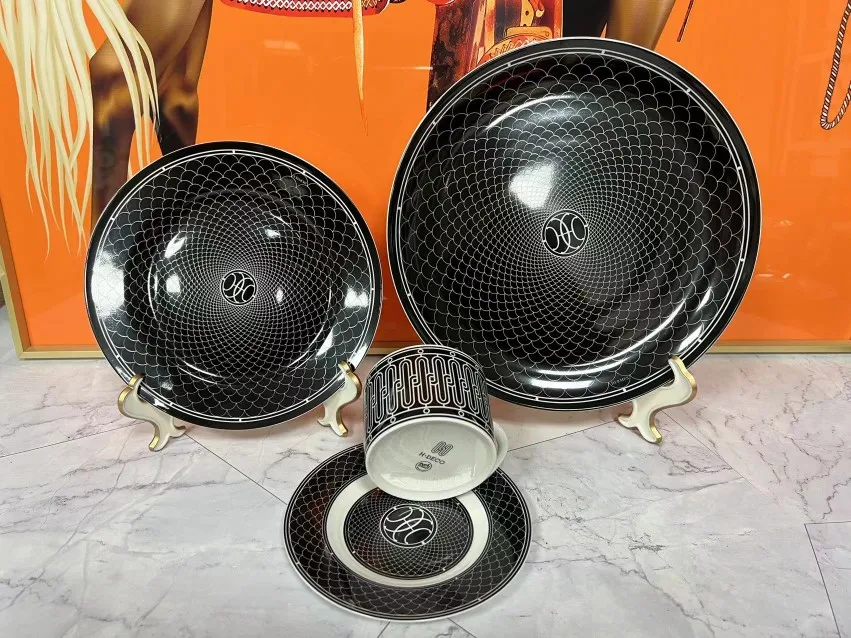 

Bone china dinner plate steak plate cake dessert plate black-and-white grid tableware set western food plate fish plate