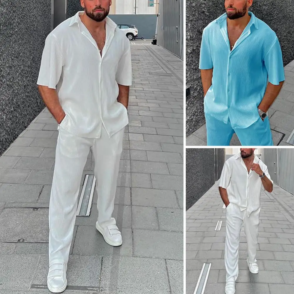 Men Short-sleeved Shirt Suit Stylish Men's Shirt Pants Set Lapel Short Sleeves Loose Fit Solid Color Buttons Casual for Summer
