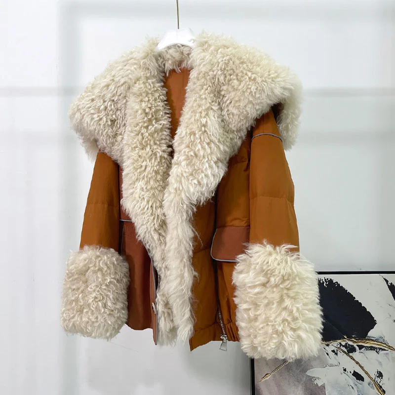 

Ladies' Coat And Fur All-In-One Lamb Hair Goose Down Jacket Short Section Big Fur Collar 2022 Autumn And Winter New Fur Overcoat