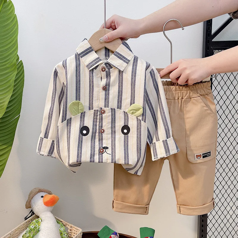 

Baby Boys Casual Suit 2022 Spring Autumn Clothes Fashion Children's Striped Cartoon Shirt+Pants 2pcs Sets for Toddler Girls