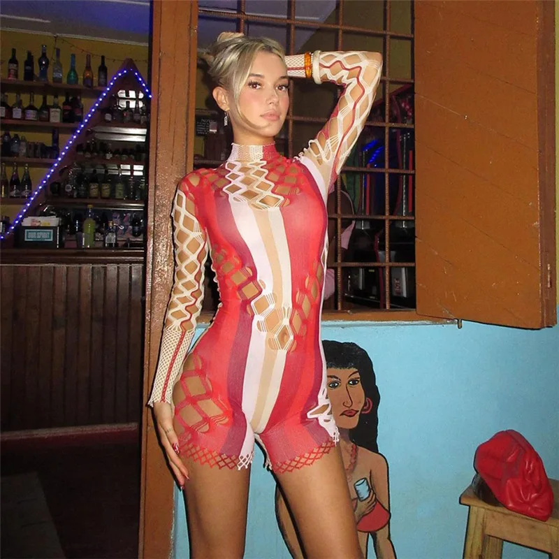 

Hollow Out Color Patchwork Sheer Mesh Romper Women Sexy O Neck Long Sleeve Slim Shorts Jumpsuits Jogger Playsuits Streetwear