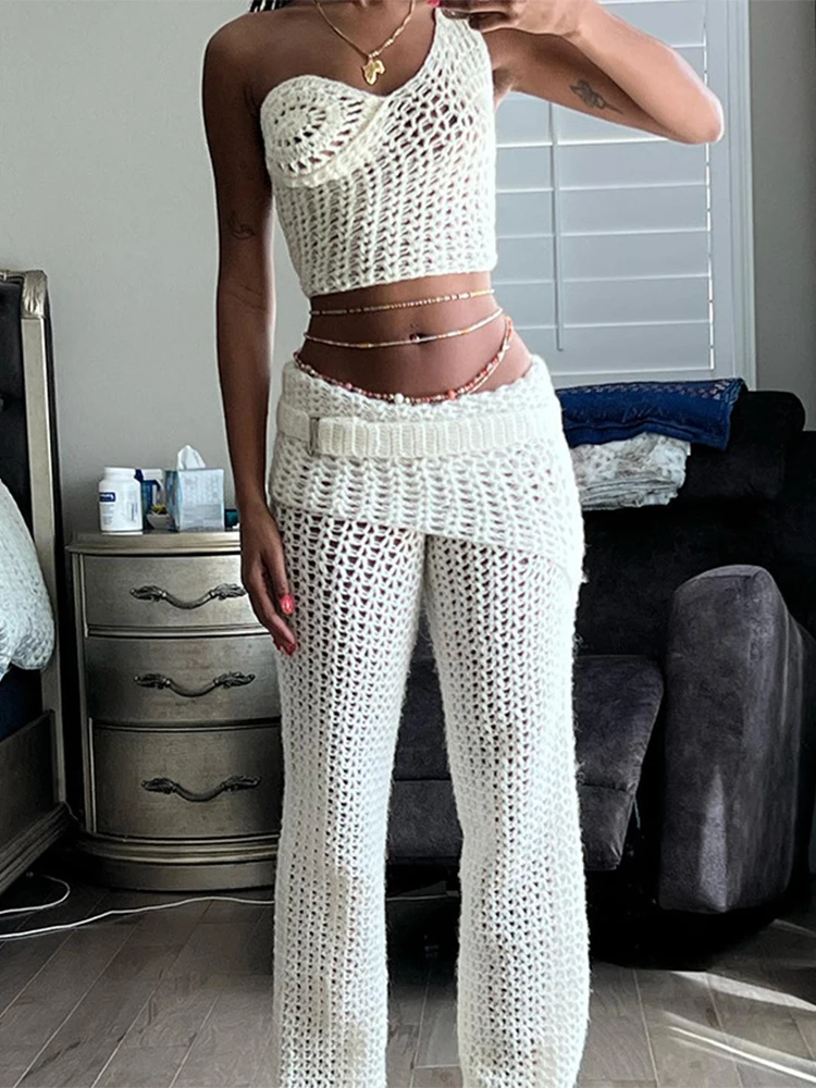 

TARUXY Knitted Hollow Out Pants Sets Flower Backless Fashion Sleeveless Crop Tops Woman Autumn Pant 2 Piece Sets Womens Outfits
