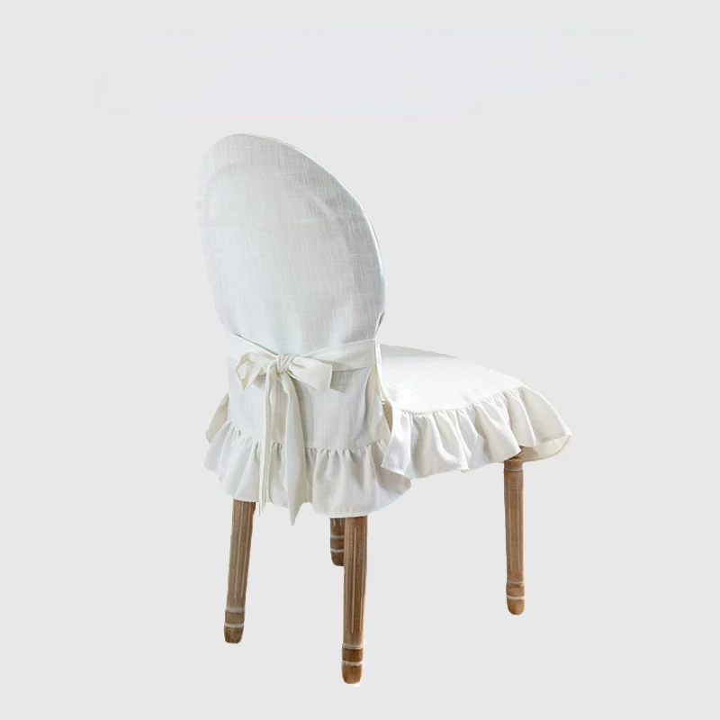

French Home Dining Chair Linen Cover Cotton Ruffles Pure White Hotel Wedding Party Oval Square Sli Seat Cover