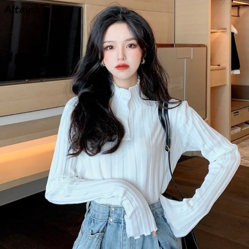 

Pullovers Women Spring New Knitting Button Mock Neck Vintage Korean Style Slim Elegant Ladies All-match Cozy Sweaters Female Ins