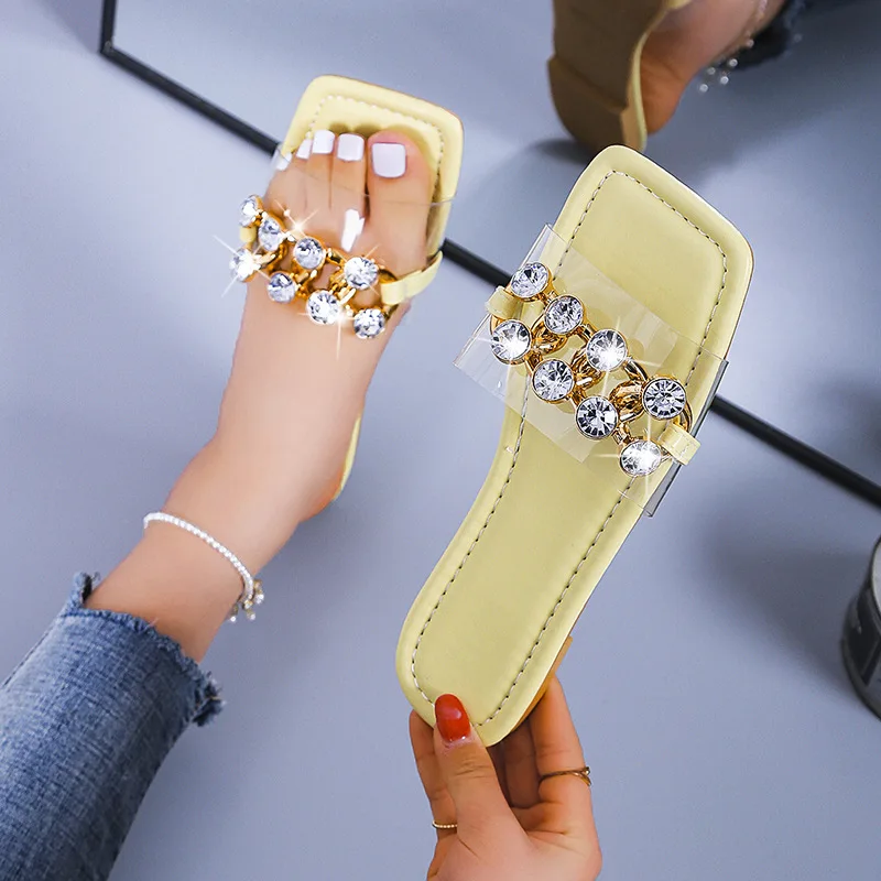 

Designer Summer Women's Slippers Flat Shoes Diamond Ladies Slippers Square Toe Flip-Flops Women's Beach Slippers Women's Shoes