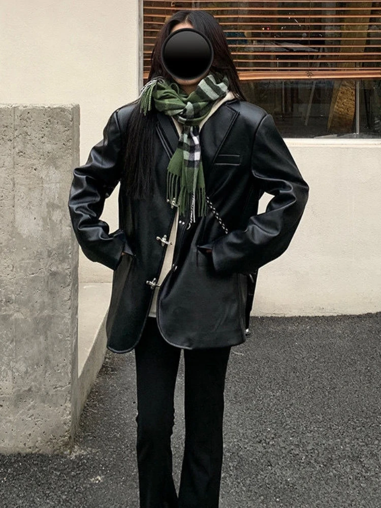 Korean Black Women's Motorcycle Leather Jacket High Street Chic Button Loose Moto Jacket Autumn Streetwear Lady Biker Coat 2022