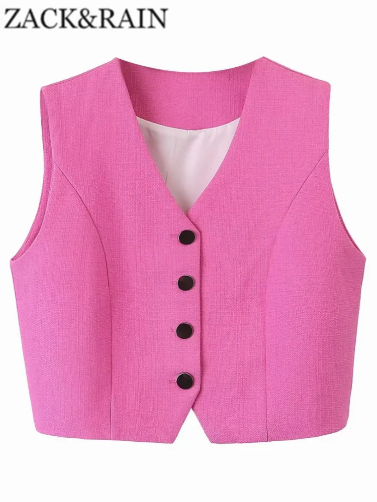 

ZACK RAIN Women Pink Textured Single-breasted Vests 2023 Summer Sweet V-neck Sleeveless Solid Color Vests Female Crop Tops