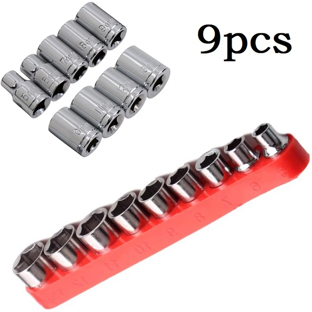 

9pcs 1/4 Inch Drive 5-13mm Hex Bit Metric Socket Wrench Carbon Steel Socket Combination With Red Base Head Nut RemovalTool