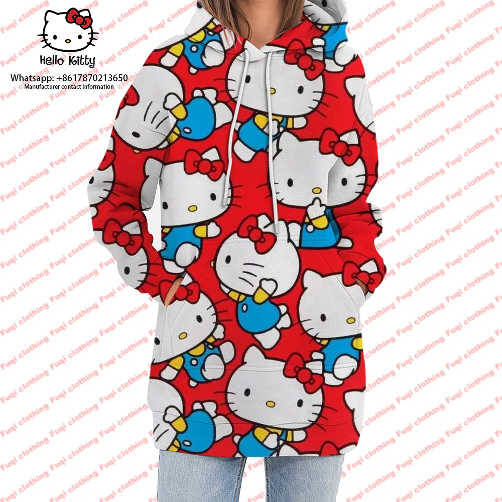 

Женское платье-свитер с капюшоном, осеннее платье с длинным рукавом и капюшоном в японском стиле Hello Kitty, облегающие пуловеры, свитшот, 2023