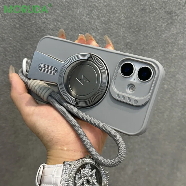 Magsafe Folding Bracket Wrist Strap Lanyard Case for iPhone 16 15 14 Plus 13 12 11 Pro Max Magnetic Wireless Charging Soft Cover