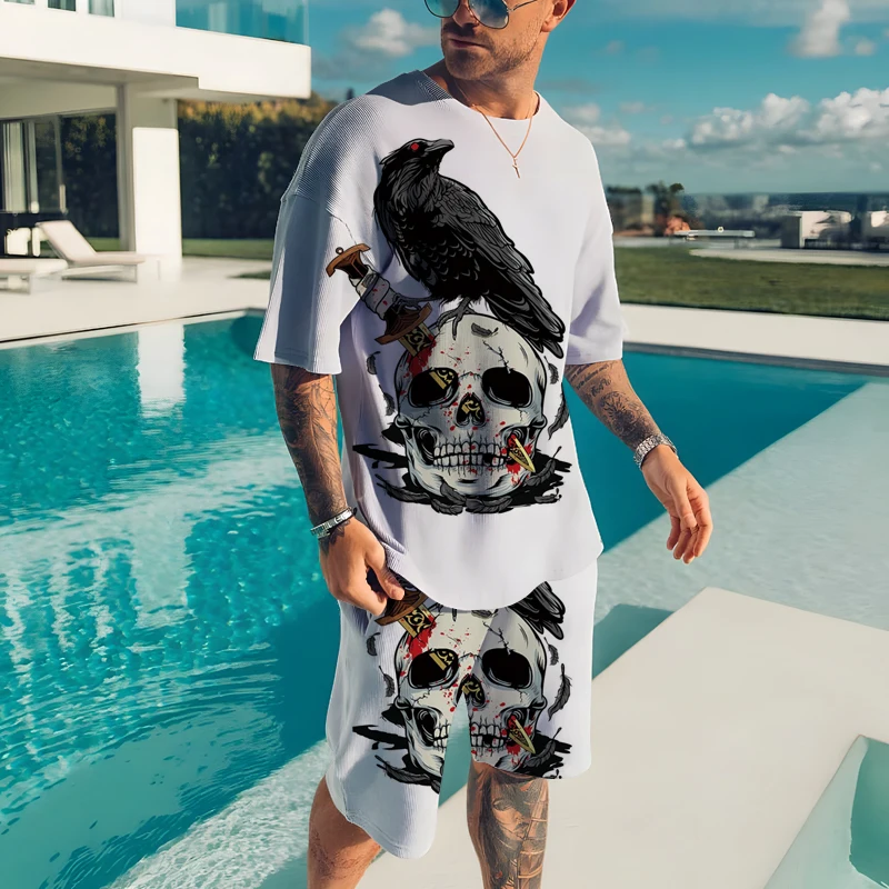 Skull Printed T-Shirt Set Summer Men's Two-piece Suit Fashion Streetwear Luxury Large Size Sportswear Short Sleeve Shorts Outfit