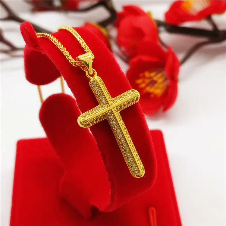 

Imitation 100% Real 24K Gold 999 Cross Necklace With Pendant Correct Religious Beliefs Clavicle Chain Gift For Men And Women's