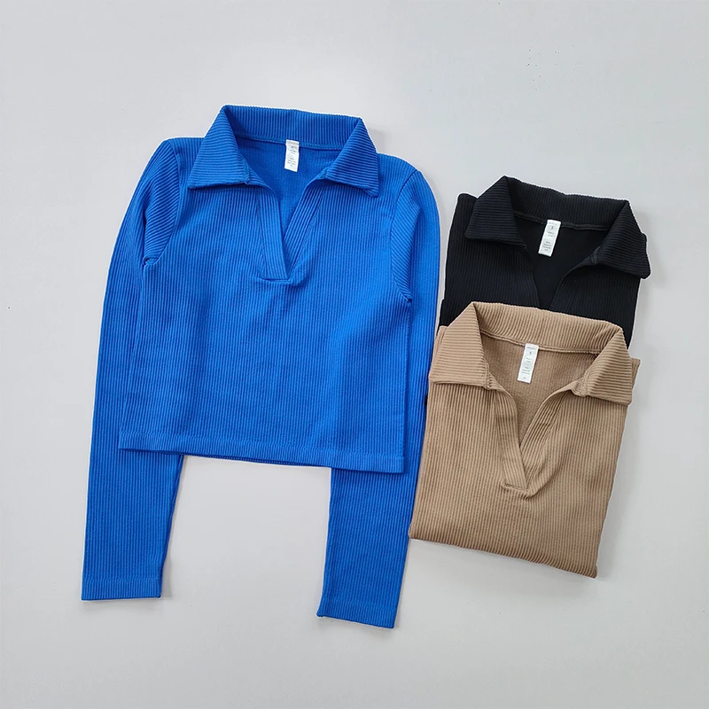 

Fall New Lapel and Exposed Navel Short Sports Long Sleeved Crop Top Running Clothes Women's Solid Slim T-shirt Fitness Yoga Suit