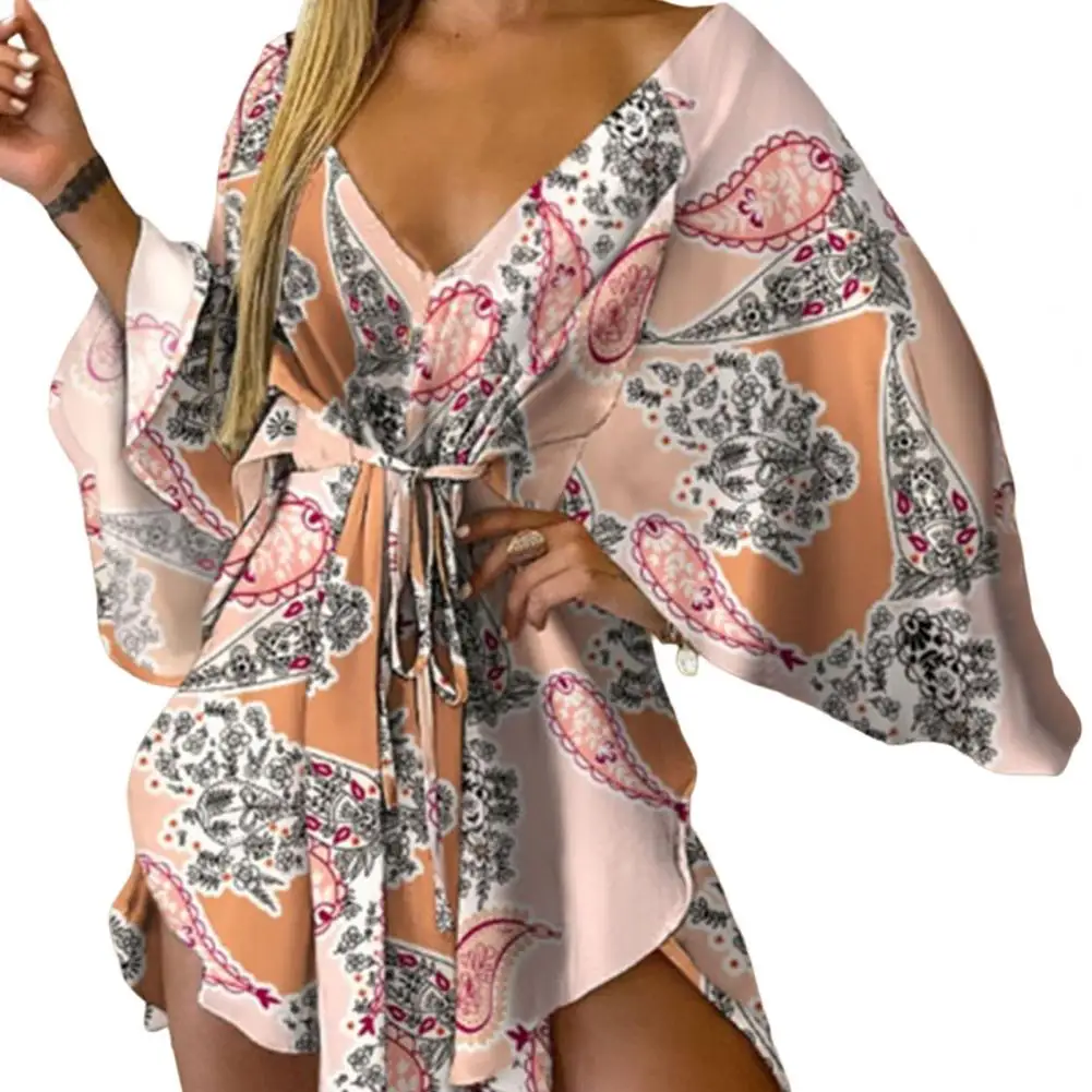 

Women V-Neck Batwing Sleeve Irregular Hem Holiday Dress Summer Waist Drawstring Tropical Leaves Print Mini Dress Female Clothes