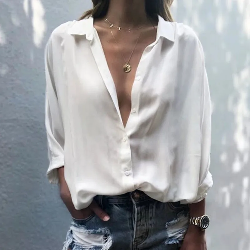 

Women's Deep V Neck Button Chiffon Shirt Women Button Up Shirt Long Sleeve Blouse Tops Mujer