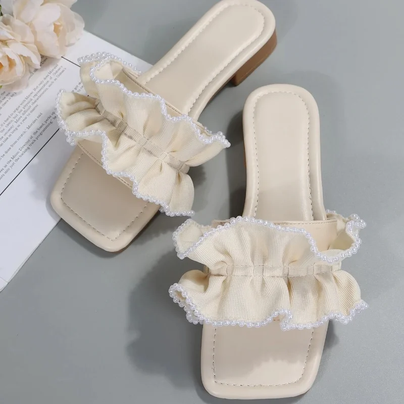 Women's Faux Pearl Decor Ruffle Trim Slides Fashion Casual Sweet Outdoor Flats Slippers Summer Open Toe Sandals Cute Pumps Shoes