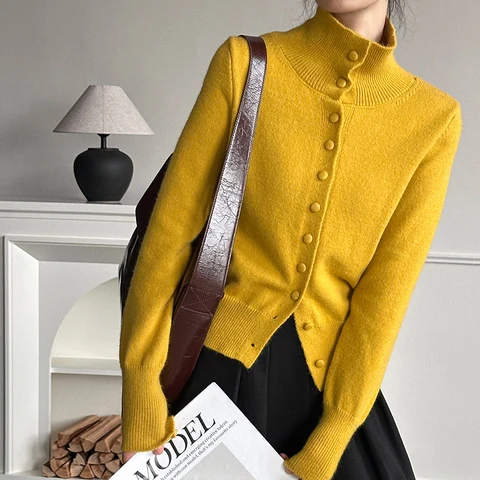 2024, женский мягкий вязаный свитер с воротником-стойкой, длинным рукавом, кардиганы на одной пуговице, одежда, топы для женщин, свитер Pull Femme