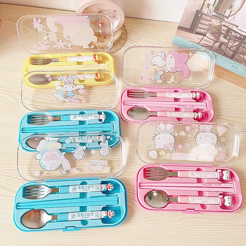 

Anime Children Spoon Fork Chopsticks Portable Suit Sanrios Kuromi Melody Purin Potable Tableware Kawaii Kids Cutlery Set Gifts