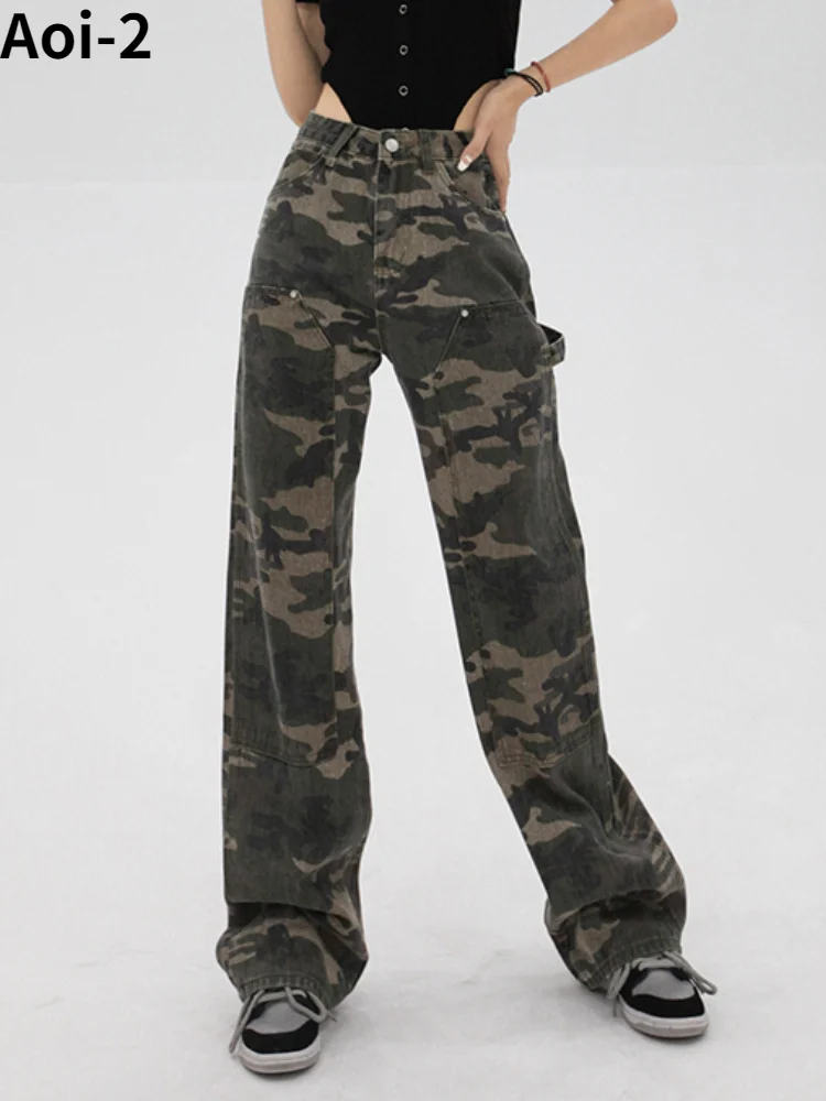 Брюки-карго женские с завышенной талией, винтажные уличные камуфляжные прямые облегающие модные повседневные джинсы, брюки в стиле Ins, осень