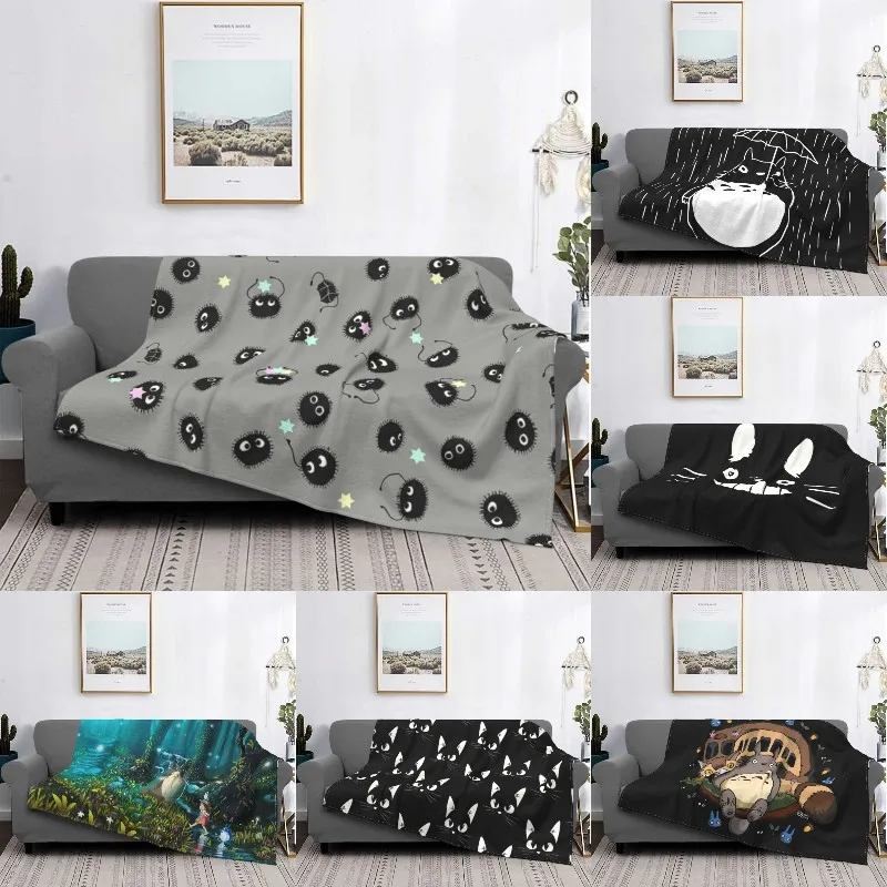 

Cute Totoro Soot Sprites Studio Ghibli Blankets Warm Flannel Spirited Away Anime Manag Throw Blanket for Bedding Couch Bedspread