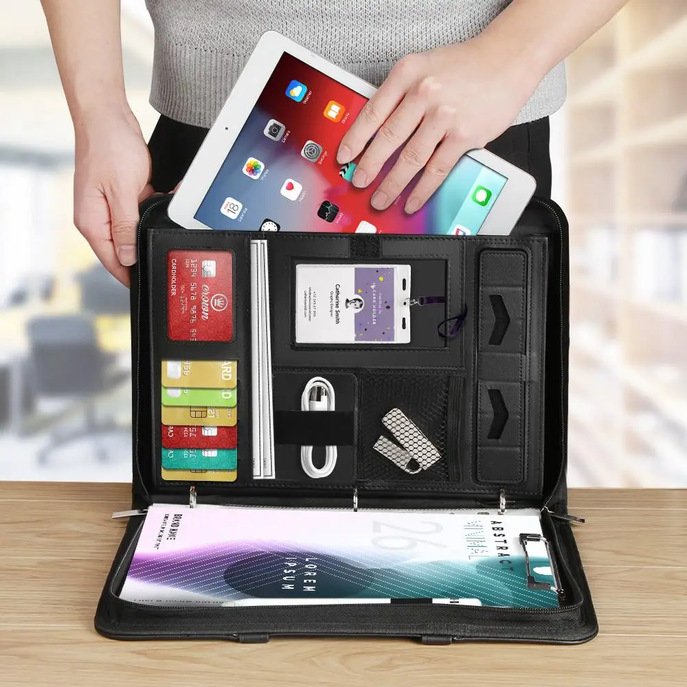 A4 Portable File Folder Zipped Folio Case Portfolio Holder Pu Leather Padfolio Case Business Tablet Sleeve Pouch Document Case