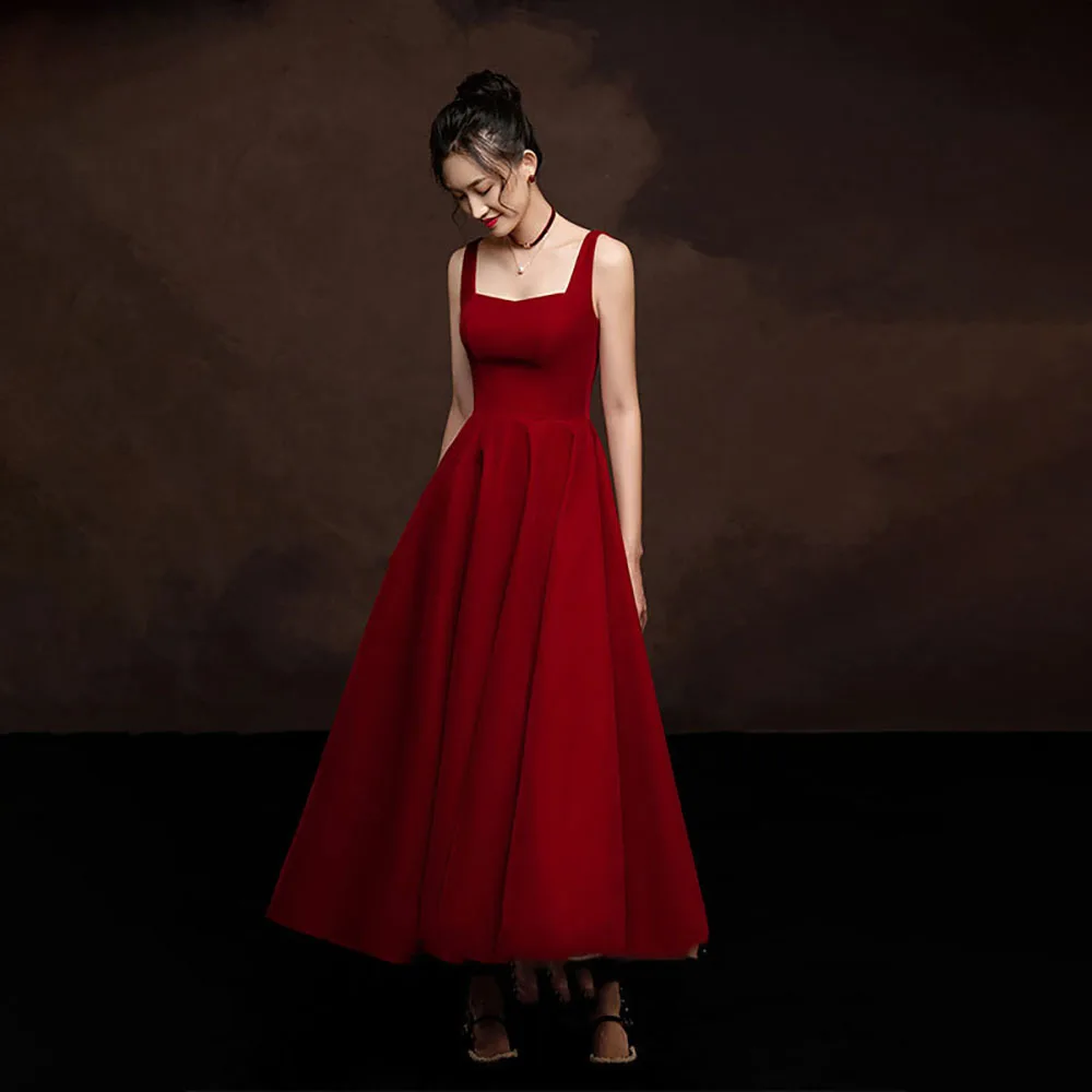 

Fashion Elegant Sleeveless Banquet Dress Vintage Square Neck Strap Party Dress Zipper Back A-Line Graduation Prom Gowns