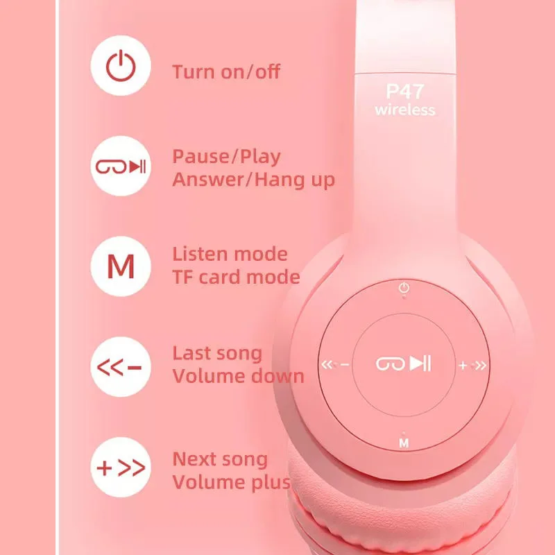 Cute Cat Ear Bluetooth Wireless Headphones LED Light Foldable Hifi Music Stereo Earphone For Kids Girls Earbuds PC Phone Headset images - 6